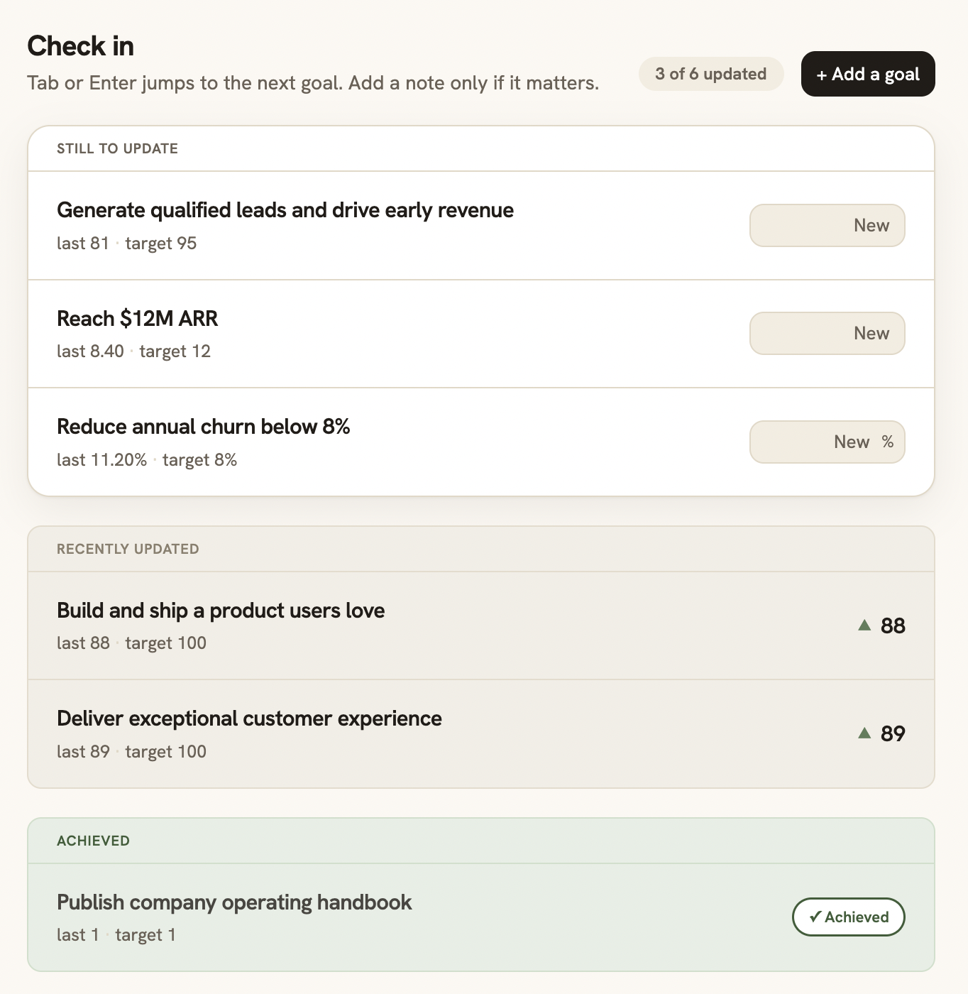 Falen check-in page grouping goals into still to update, recently updated, and achieved, each with last value, target, and a quick entry field